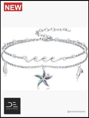 925 Sterling Silver Ocean Wave Anklet Bracelet with Sea Turtle Dolphin Starfish